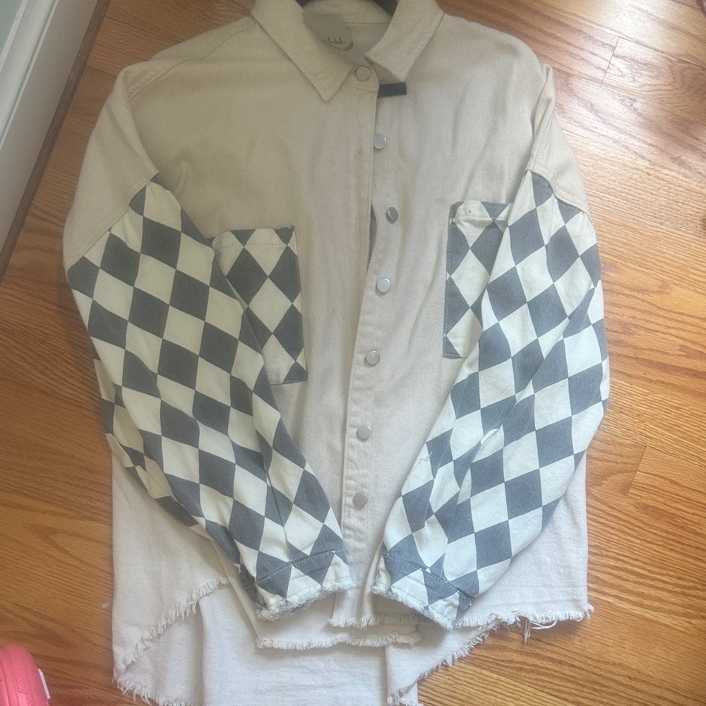 POL Beige and Black Checkered Jacket shacket